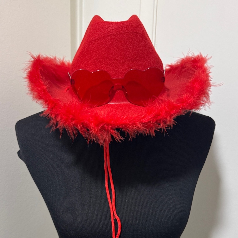 Red Feathered Cowboy Hat with Heart Sunglasses